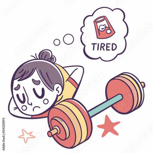 Tired girl lying down after weightlifting dreaming of food