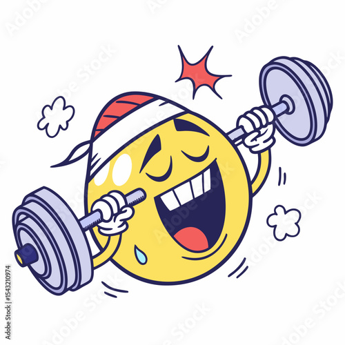 Happy smiley face cartoon character lifting weights exercise fitness gym workout strong