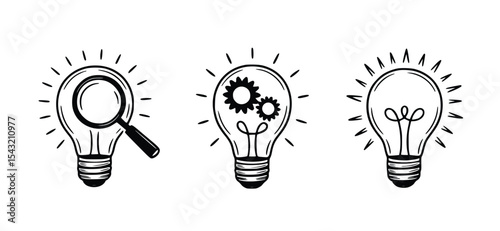 Hand-drawn lightbulb illustrations depicting innovation, research, and ideas for business and marketing projects, silhouette