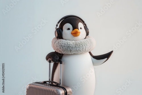 Traveling Penguin with Headphones and Suitcase