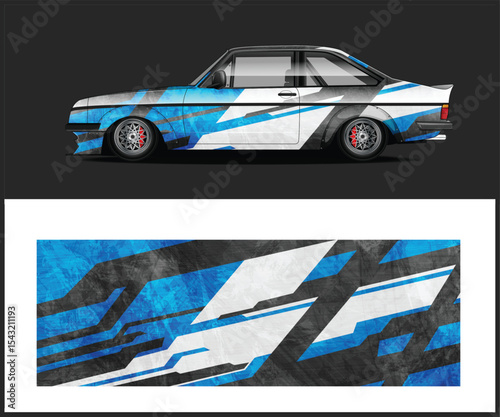 Dynamic Car Wrap Design with Abstract Red and Yellow Geometric Pattern