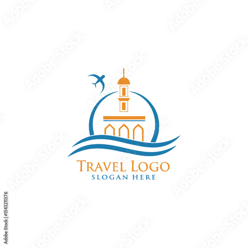 Travel agency vector logo with palm tree, aeroplane, global map, sun, and birds featuring logo for travel company 