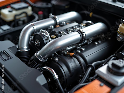 Powerful modern car engine under the hood featuring metallic pipes and advanced automotive technology for speed and high performance