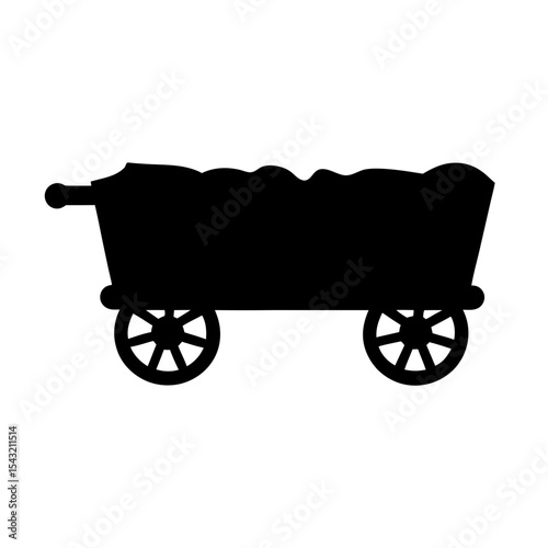 Silhouette of a covered wagon, reminiscent of the American West era