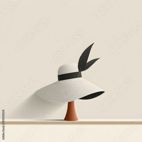 Elegant Wide-Brimmed Women's Hat with Feathers – Isolated Clipart on Light Background