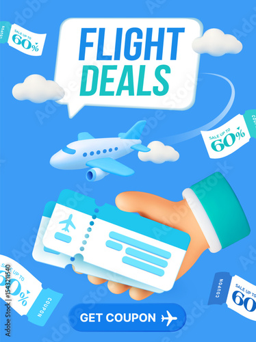 3d hand holding couple of flight ticket, with airplane and coupons flying around, isolated on background. Gift voucher for flight booking banner template in 3d vector. Vector illustration