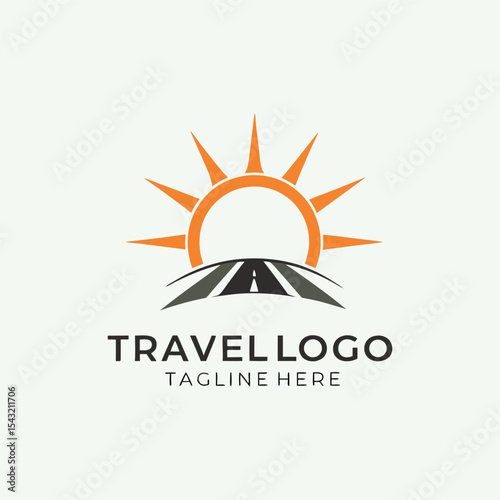 Travel agency vector logo with palm tree, aeroplane, global map, sun, and birds featuring logo for travel company 