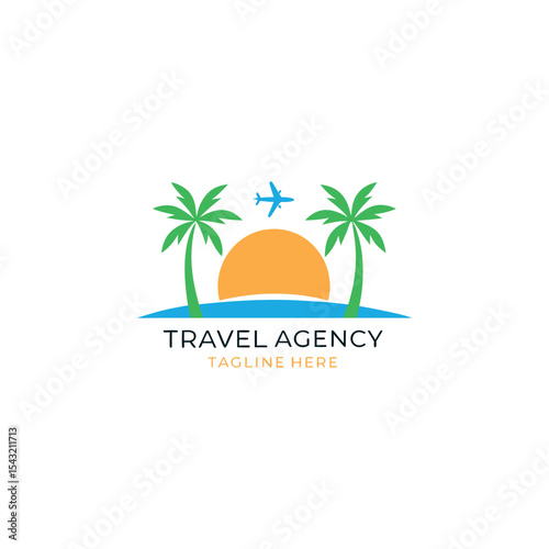 Travel agency vector logo with palm tree, aeroplane, global map, sun, and birds featuring logo for travel company 