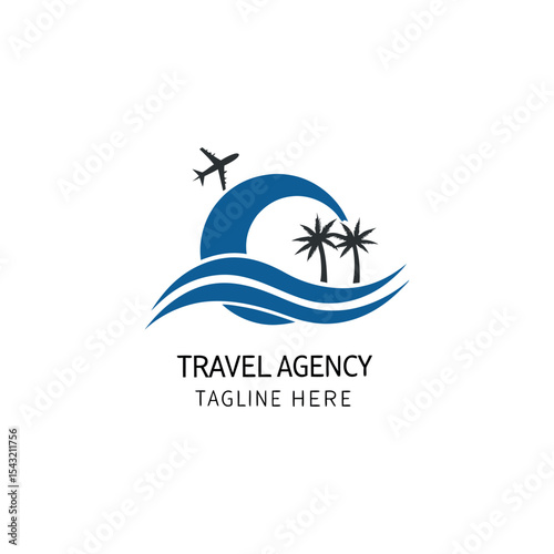 Travel agency vector logo with palm tree, aeroplane, global map, sun, and birds featuring logo for travel company 