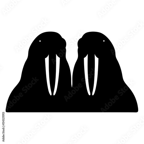 Silhouette of two walruses with prominent tusks against a white background