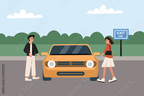 People at the parking lot. Car parking at the park. Yellow car parking. Mall parking lot.