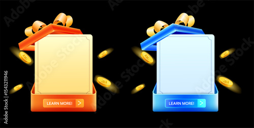3d popup banner templates inside a gift box with golden coins flying around, isolated on background. Popup gift box banner template in 3d vector. Vector illustration
