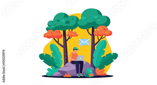 Man working remotely outdoors with a laptop sending mail in nature environment