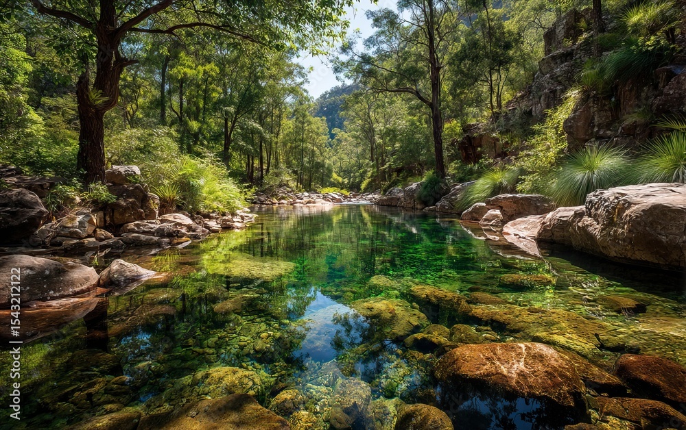 Obraz premium Screenshot of the natural landscape in Karri Gorge National Park, Australia with clear water and rocks in it, winner of a stock photo contest. High-quality, high-resolution image with superb details. 