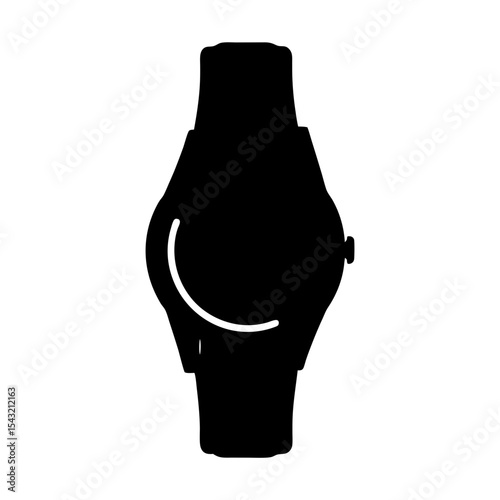 A stylish black silhouette of a wristwatch with a prominent dial