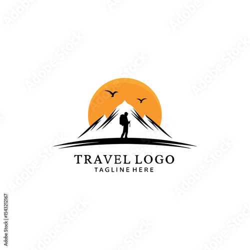 Travel agency vector logo with palm tree, aeroplane, global map, sun, and birds featuring logo for travel company 