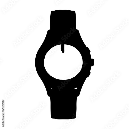 Silhouette of a wristwatch with analog face and wristband on white backdrop