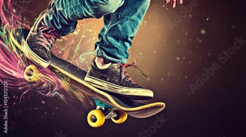 A skateboarder in blue jeans and black sneakers performs a trick on a skateboard with yellow wheels.