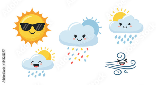 Weather Icons Showing The Different Atmospheric Conditions With Happy Smiling Faces