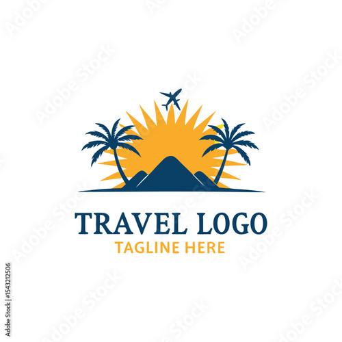 Travel agency vector logo with palm tree, aeroplane, global map, sun, and birds featuring logo for travel company 