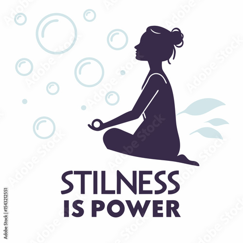 Woman meditating amidst floating bubbles stillness is power