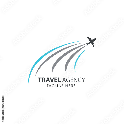 Travel agency vector logo with palm tree, aeroplane, global map, sun, and birds featuring logo for travel company 