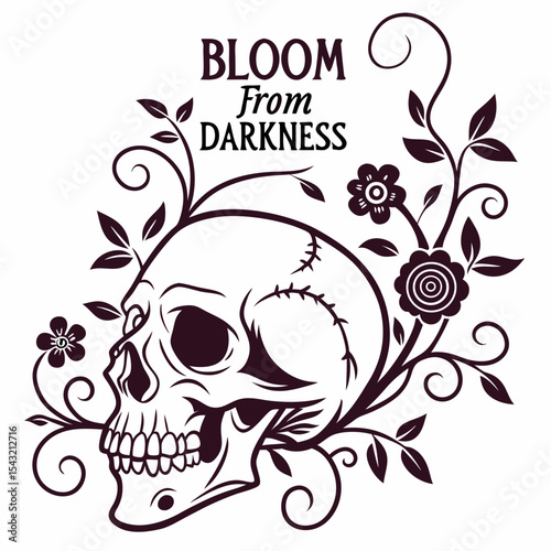 Skull bloom from darkness floral design tattoo art