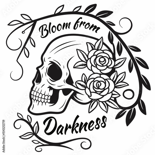 Skull with roses bloom from darkness floral design