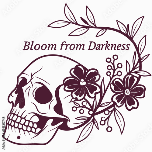 Skull with floral wreath bloom from darkness gothic art