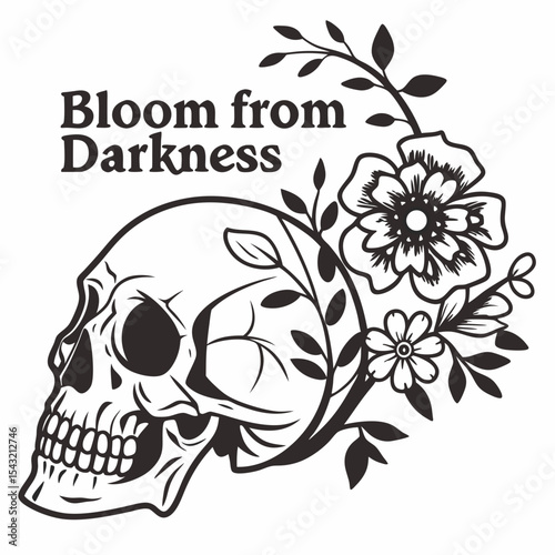 Skull with flowers bloom from darkness gothic art design