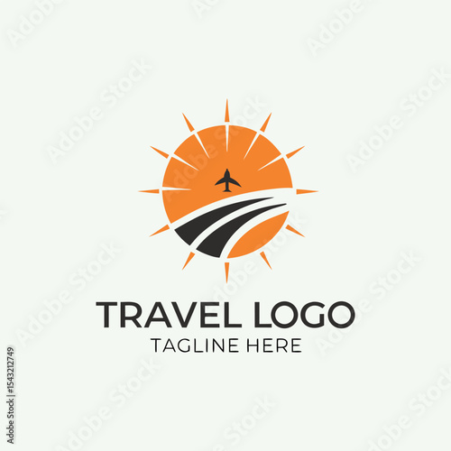 Travel agency vector logo with palm tree, aeroplane, global map, sun, and birds featuring logo for travel company 