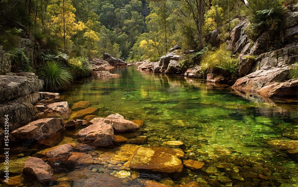 Fototapeta premium Screenshot of the natural landscape in Karri Gorge National Park, Australia with clear water and rocks in it, winner of a stock photo contest. High-quality, high-resolution image with superb details. 