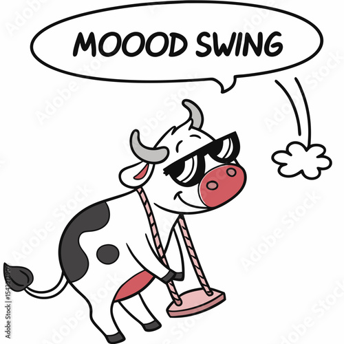 Cool cow mood swing on a swing set cartoon illustration