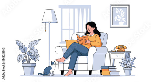A Woman Enjoying Relaxing Time In Living Room Reading A Novel Book