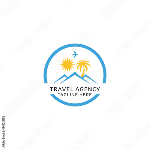 Travel agency vector logo with palm tree, aeroplane, global map, sun, and birds featuring logo for travel company 