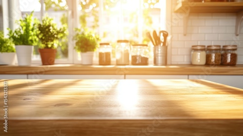 Sunlit kitchen countertop with potted herbs and jars, creating a warm and inviting cooking space.