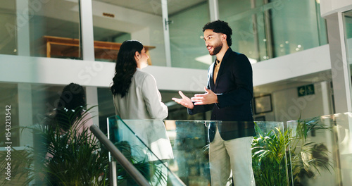 Office, colleagues and people with idea, teamwork or planning for sales pitch or marketing strategy. Talk, man and collaboration with woman for project, brand specialist and conversation in business