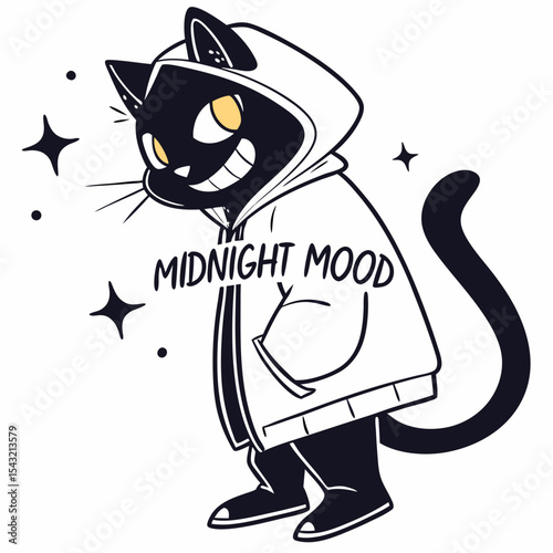Cool black cat wearing a hoodie midnight mood graphic design