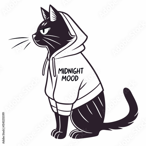 Cool black cat wearing a hoodie midnight mood graphic design