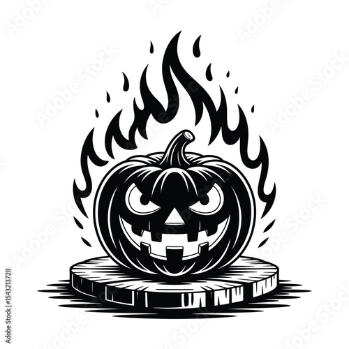 Pumpkin black and white jackolantern on wood stump, eerie and menacing. Perfect for Halloweenthemed designs, spooky decorations, and fall concepts.
