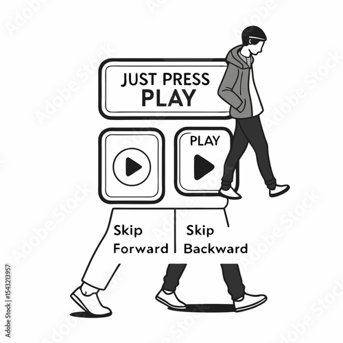 Man walking on play buttons media player controls interface design