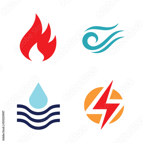 Four Abstract Icons Representing Fire Water Wind and Electricity Energy Sources Red Blue Orange and Teal Colors