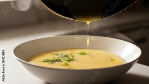 Slow Motion Pouring of Hot Creamy Pumpkin Soup Garnished with Fresh Herbs in a White Bowl