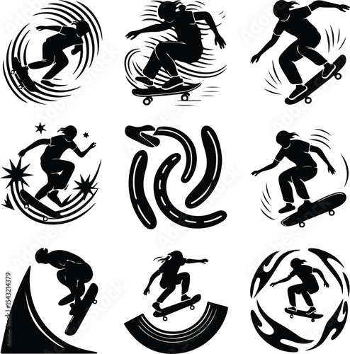 Skateboard Trick Pose Icon Silhouette – Cool Skater Action Pack Skater Mid-Trick Silhouette Set – Dynamic Skateboarding Icons