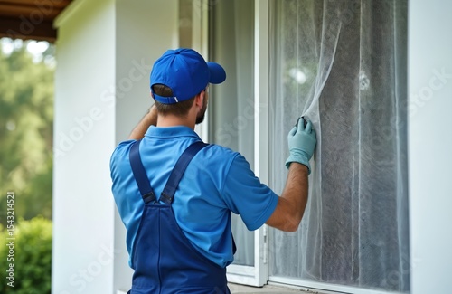 Male worker installs mosquito net on window outside building. Pro installer in uniform fixes insect screen on summer day. Protection from insects for home. New insect repellent for windows.