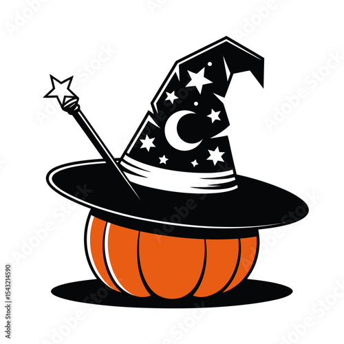 Pumpkin with witchs hat, wand in black and white. Perfect for Halloween themed designs, autumn decorations, festive greetings, and spooky projects.