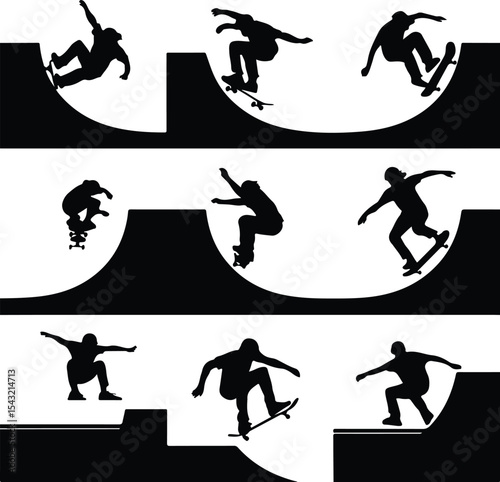 Skateboard Trick Pose Icon Silhouette – Cool Skater Action Pack Skater Mid-Trick Silhouette Set – Dynamic Skateboarding Icons