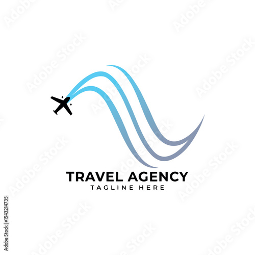 Travel agency vector logo with palm tree, aeroplane, global map, sun, and birds featuring logo for travel company 