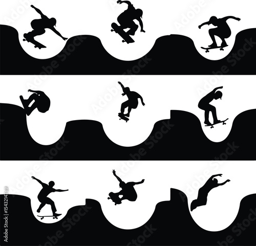 Skateboard Trick Pose Icon Silhouette – Cool Skater Action Pack Skater Mid-Trick Silhouette Set – Dynamic Skateboarding Icons