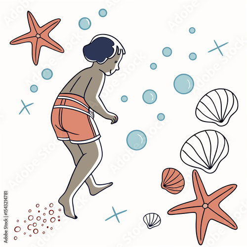 Child playing in ocean with starfish and shells, transparent background